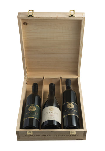 Wooden Triple Packed Atticus Premium Museum Chardonnay 2014, Cabernet Sauvignon 2011 & Syrah 2011